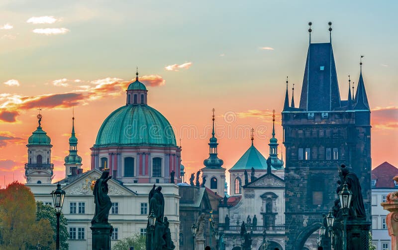 Charles bridge (Karluv Most) and Prague architecture at sunrise, Czech Republic