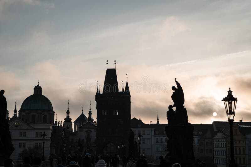 Charles Bridge view in early morning in Prague, Czech Republic - Fog and mist royalty free stock photos Charles Bridge view in early morning in Prague, Czech Republic - Fog and mist royalty free stock photos