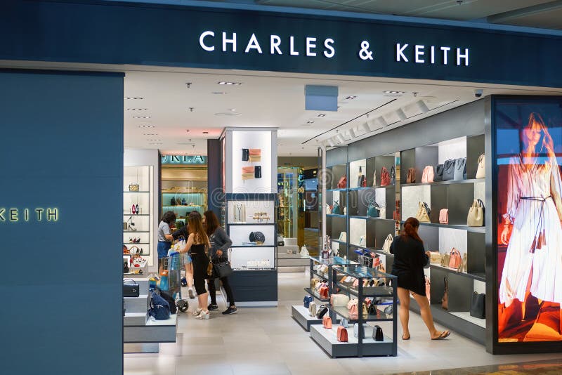 Interior view of CHARLES & KEITH store in Changi Airport. It was founded by  brothers Charles and Keith Wong. Dedicated to bringing trends to  fashion-forward consumers. Singapore - JAN 6, 2019. Stock