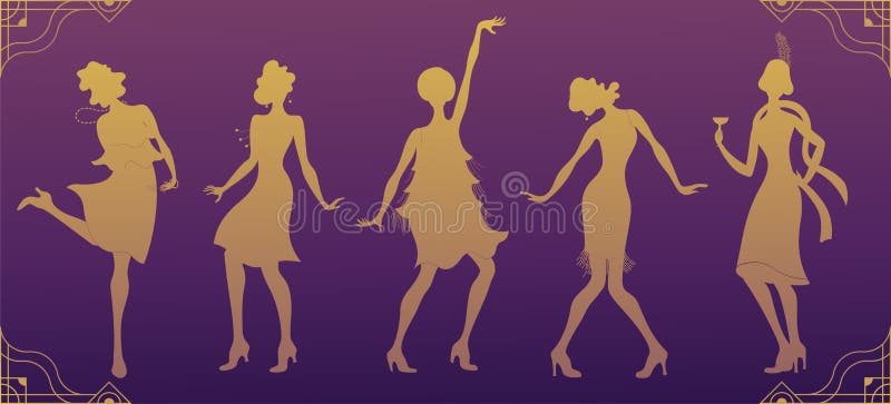 Charleston Party.Gold silhouette dancer.Gatsby style set. Group of retro woman dancing charleston.Vintage style. retro silhouette vector illustration Charleston Party.Gold silhouette dancer.Gatsby style set. Group of retro woman dancing charleston.Vintage style. retro silhouette vector illustration