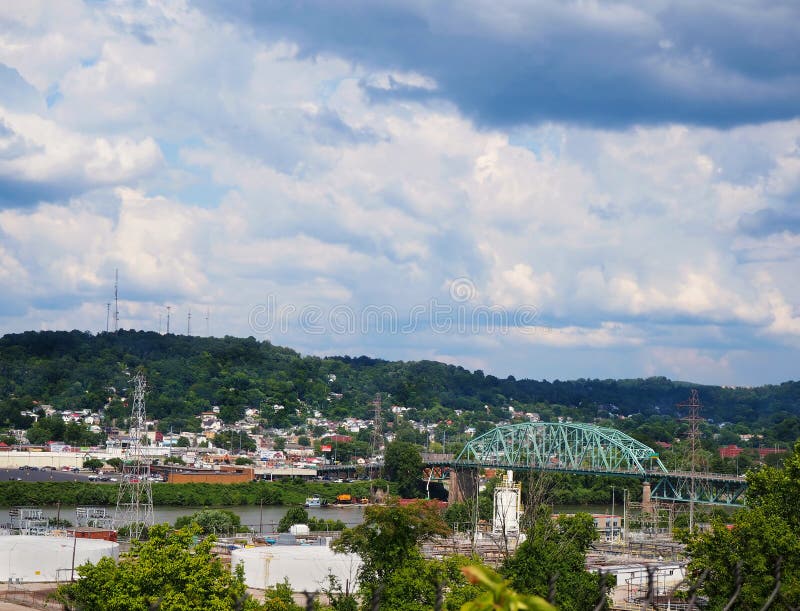 Charleston West Virginia Patrick Street Bridge. CHARLESTON, WEST VIRGINIA - JULY 26, 2019: Looking out over the town of Charleston, WV, state capital, with the royalty free stock images Charleston West Virginia Patrick Street Bridge. CHARLESTON, WEST VIRGINIA - JULY 26, 2019: Looking out over the town of Charleston, WV, state capital, with the royalty free stock images