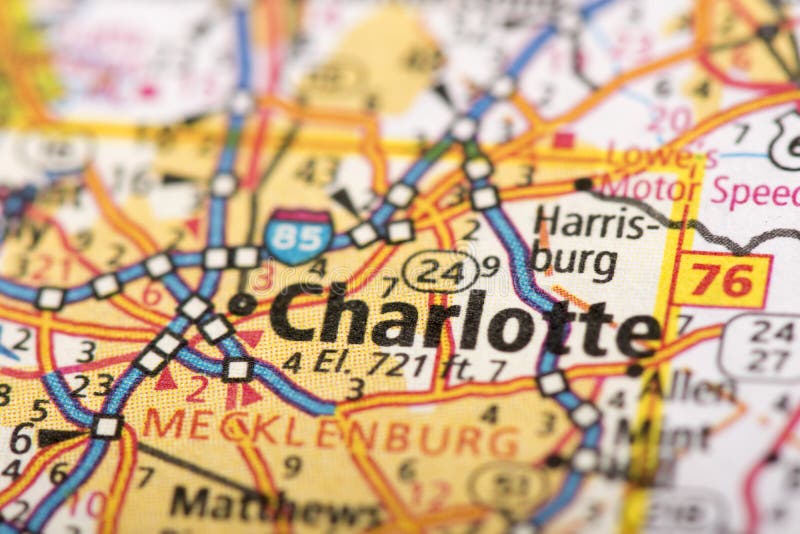 Charlotte, North Carolina auf Karte stockfotografie Charlotte, North Carolina auf Karte stockfotografie