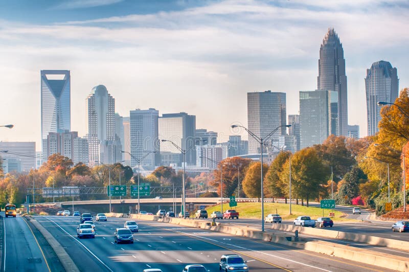 Charlotte north carolina skyline during autumn season at sunset