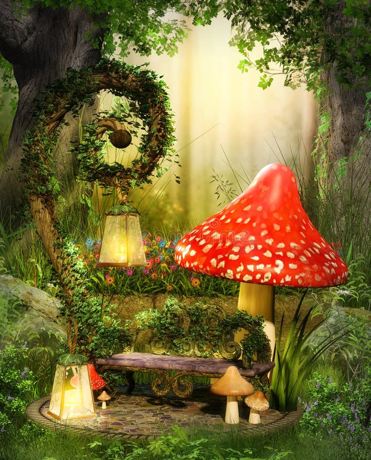 Charmant banc salon de fée dans une forêt magique profonde illustration libre de droits