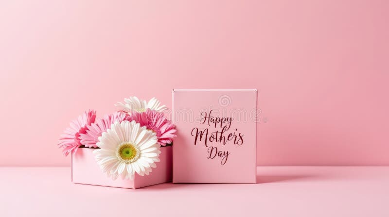 Charmante runde rosa Box gefüllt mit rosa und weiß gerbera daisien und glückliche Mütter Tag Text auf weichem pastellrosa Hintergr lizenzfreie stockfotografie