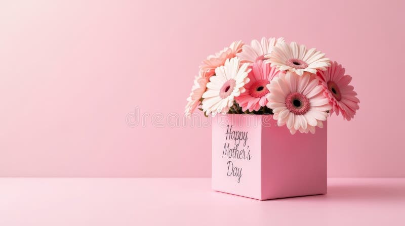 Charmante runde rosa Box gefüllt mit rosa und weiß gerbera daisien und glückliche Mütter Tag Text auf weichem pastellrosa Hintergr stockfoto