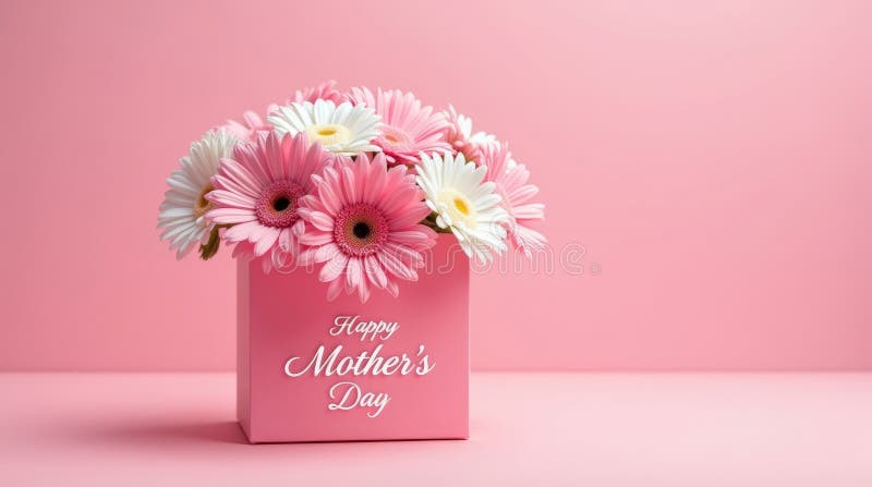 Charmante runde rosa Box gefüllt mit rosa und weiß gerbera daisien und glückliche Mütter Tag Text auf weichem pastellrosa Hintergr stockfotos