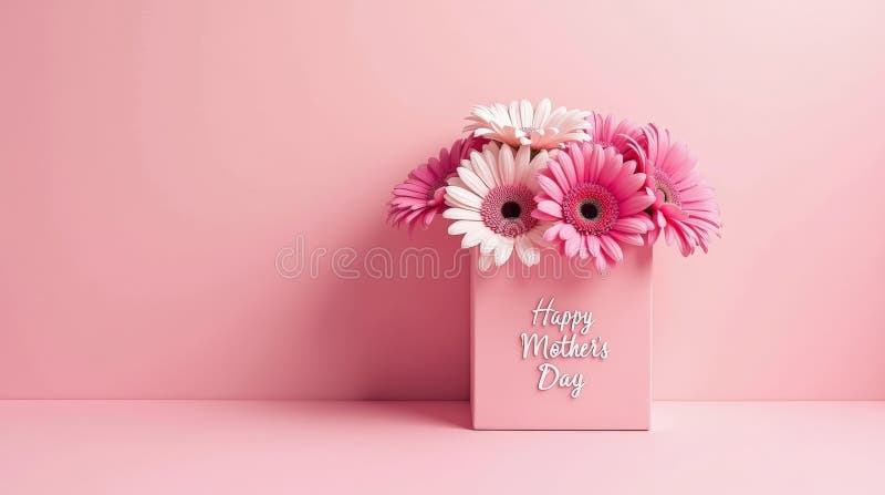 Charmante runde rosa Box gefüllt mit rosa und weiß gerbera daisien und glückliche Mütter Tag Text auf weichem pastellrosa Hintergr lizenzfreie stockfotos