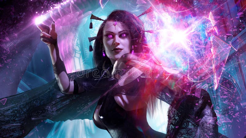 Charmante sexy Verzaubererin mit violetten Nadeln in einem eleganten schwarzen Kleid spielerisch lächelnd schlägt einen Zauber, de vektor abbildung