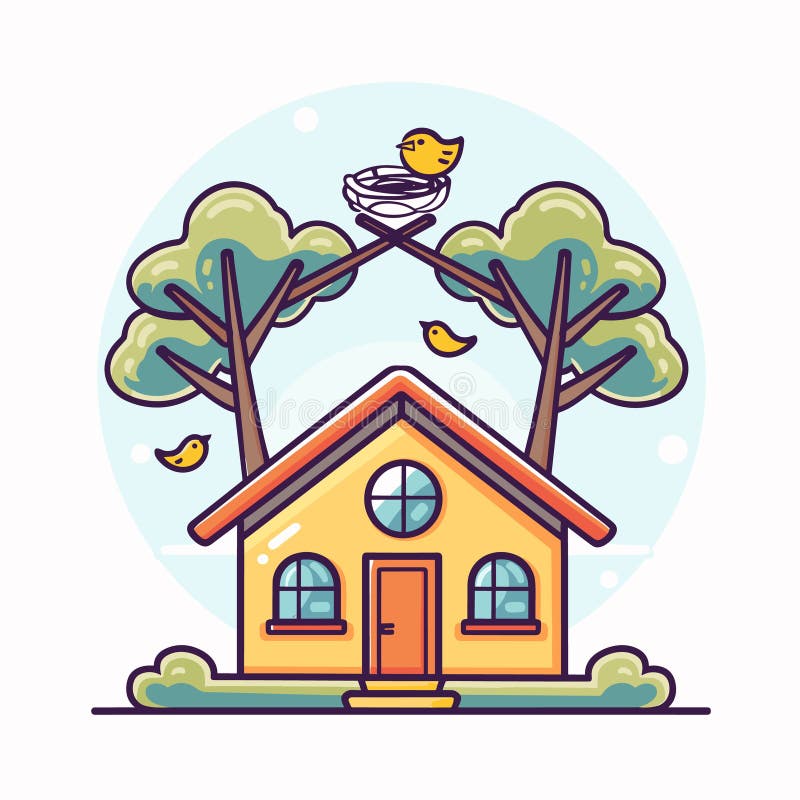Charmante Vektor Illustration gemütliche gelbe Hausbäume geschachtelte Vögel fröhliche Vogelfreunde Heimat lizenzfreie abbildung