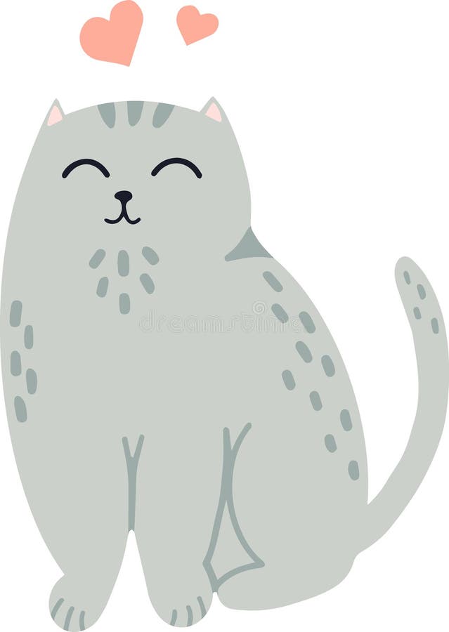 Charmante Vektor-Illustration zeigt eine süße graue Katze, die still über ihrem Kopf schwebende kleine Herzen sitzt stock abbildung