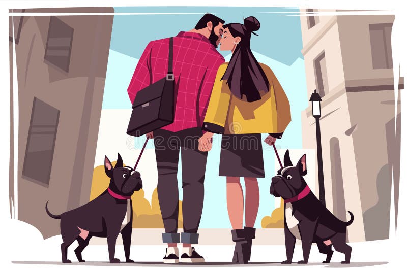 Charmante Vektorgrafik eines Ehepaares, das zwei französische Bullhunde führt und einen fröhlichen Moment der Freundschaft einfäng lizenzfreie abbildung