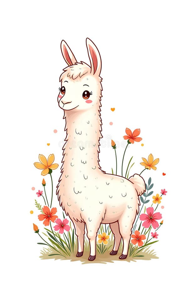 Charmante Vektorgrafik eines flauschigen Lamas, umgeben von farbenfrohen Blumen, mit einem angenehmen und spielerischen Ausdruck stock abbildung