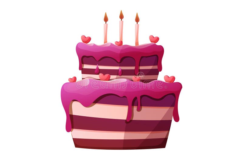 Charmanter vektorkartoon isolierte Illustrationskuchen mit rosa frostigen Herzdekorationen beleuchtet Kerze. Geburtstag lizenzfreie abbildung