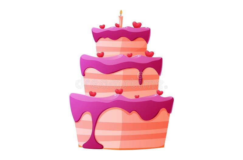 Charmanter vektorkartoon isolierte Illustrationskuchen mit rosa frostigen Herzdekorationen beleuchtet Kerze. Geburtstag stock abbildung