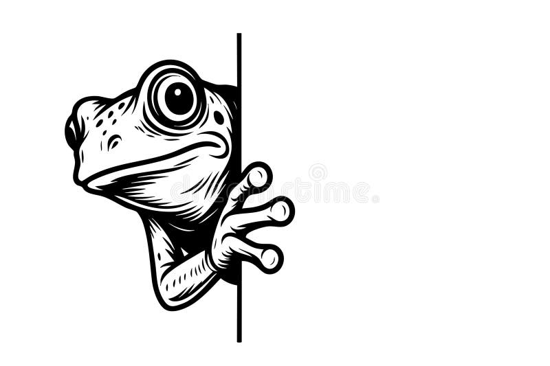 Charmanter Überträger eines Frosches, der hinter einer fett schwarz-weiß-farbenen Ecke knistert. Fun woodcut-Stil ideal für humorvolle Grafiklogos und süße Drucke.