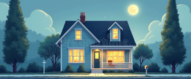 Charmantes blaues Haus strahlt warm unter Vollmond lizenzfreies stockfoto