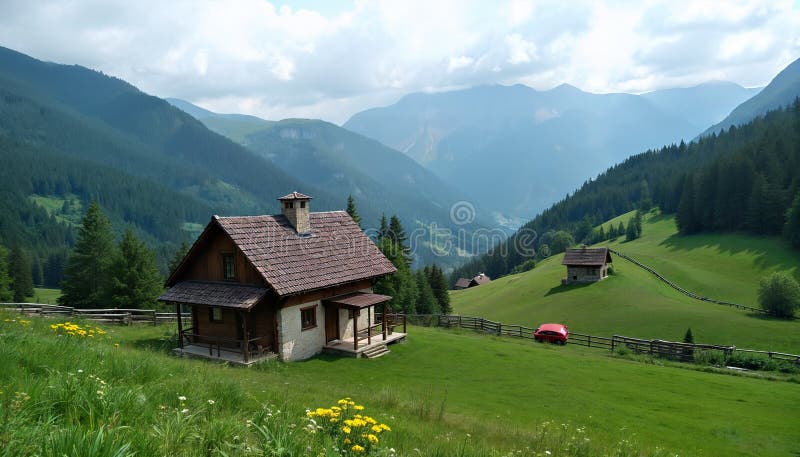 Charmantes Landhaus in üppiger Bergwelt am hellen Sommertag vektor abbildung