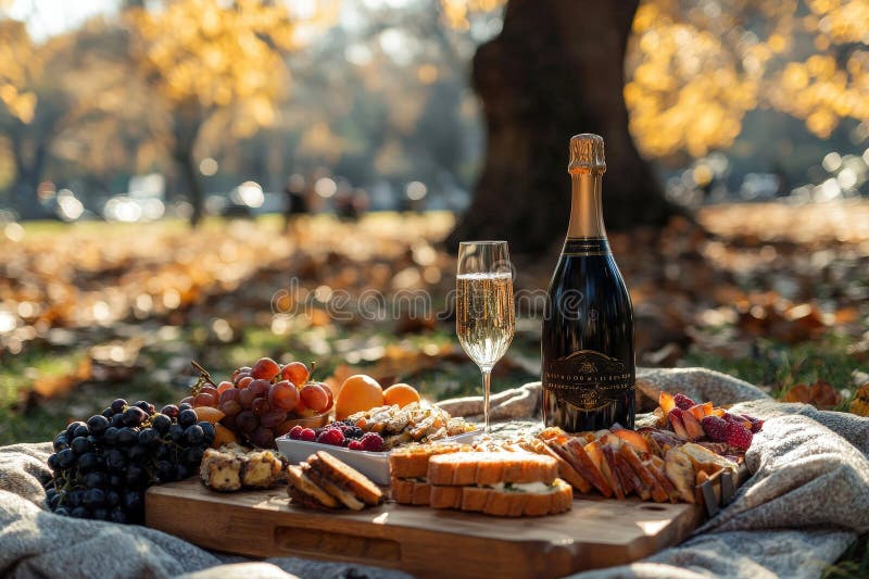 Charmerande nya år picknicker i scenparken med gourmetmat och mousserande vin vektor illustrationer