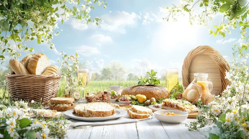 Charmerande picknickbord med nybakat fint bröd och färgade blommor omgivna av lush grey utomhus vektor illustrationer