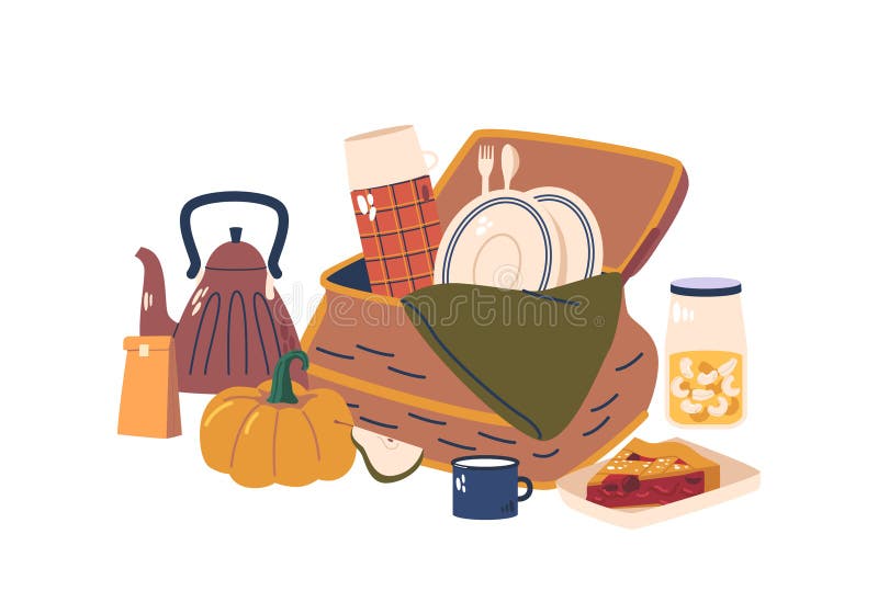 Charmerande picknickkorg fylld med dechiffrertör av färsk pumppajas och vakuumkolv royaltyfri illustrationer