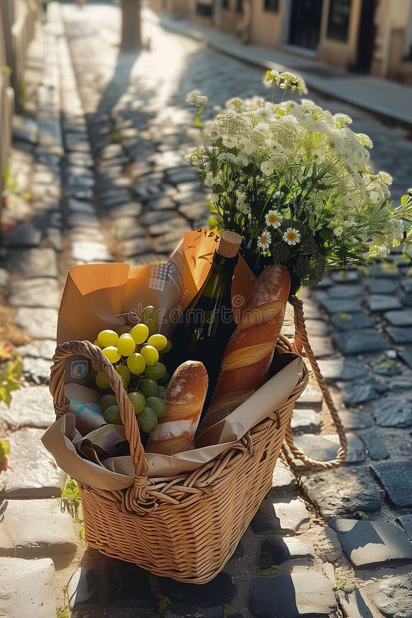 Charmerande picknickkorg : Färskt brödvin och färska blommor på en väg av en stensten vektor illustrationer