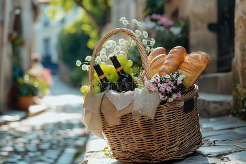 Charmerande picknickkorg : Färskt brödvin och färska blommor på en väg av en stensten vektor illustrationer