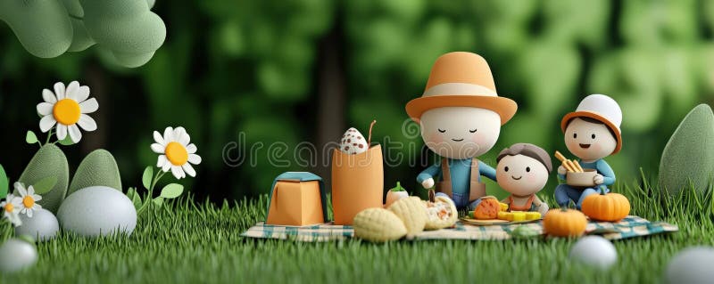 Charmerande picknickscen med lekfulla tecken omgivna av naturblommor och färglös mat perfekt för familjeteman royaltyfri illustrationer