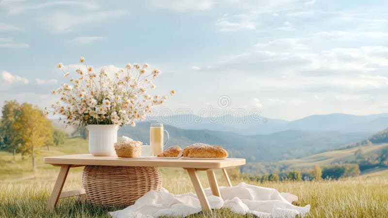 Charmerande picknickscen med nybakat bröd och pulserande blommor i en trevlig miljö för avslappnade sammankomster stock illustrationer