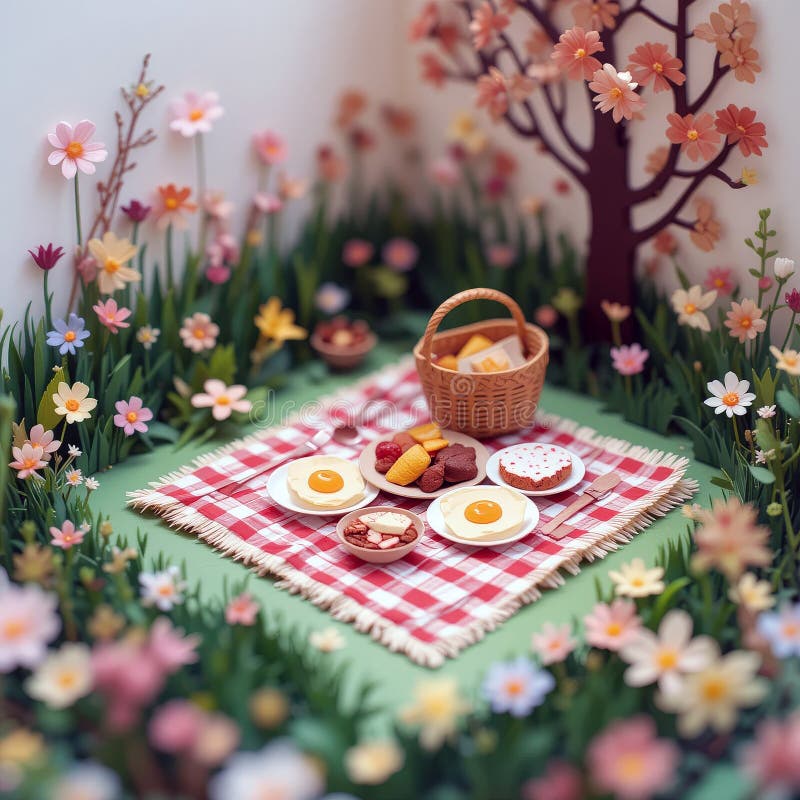Charmerande picknickscen med täckta filtar för mat och blommor vektor illustrationer