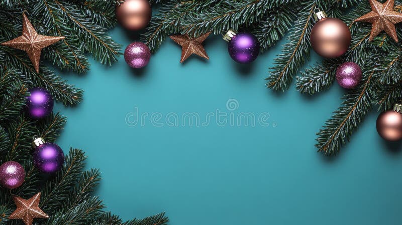 Charming Adornment of Spruce Greenery Border with Bright Violet Pink Bronze Globes on Blue Backdrop royalty free illustration