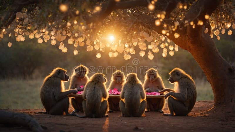 Babuinți fermecători jucând cărți sub un copac cu felinare în formă de inimă la apus stock illustration