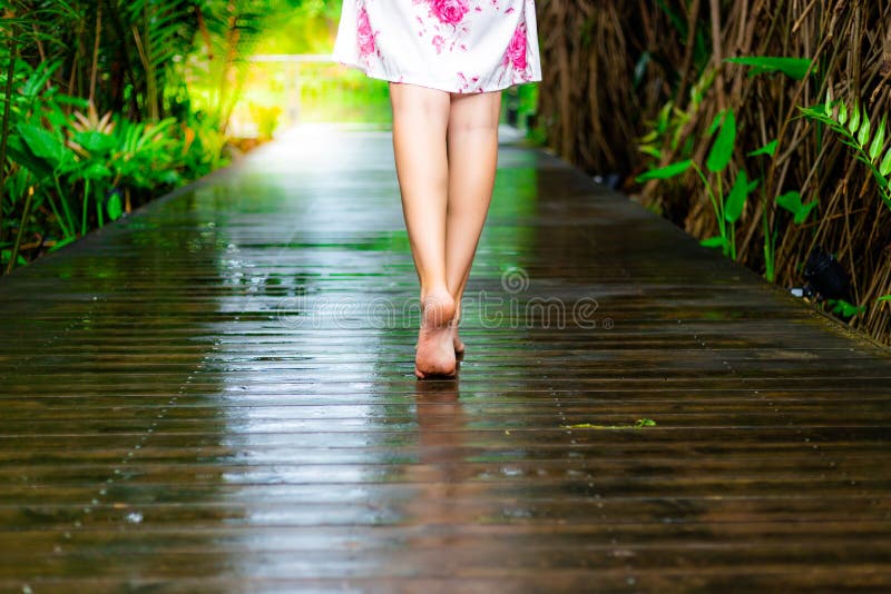 Charming beautiful woman is walking at wooden walkway at beautiful park after finished raining. Gorgeous girl has beautiful legs. royalty free stock photography Charming beautiful woman is walking at wooden walkway at beautiful park after finished raining. Gorgeous girl has beautiful legs. royalty free stock photography