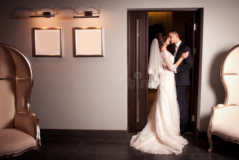 Charming bride and groom on their wedding stock photos