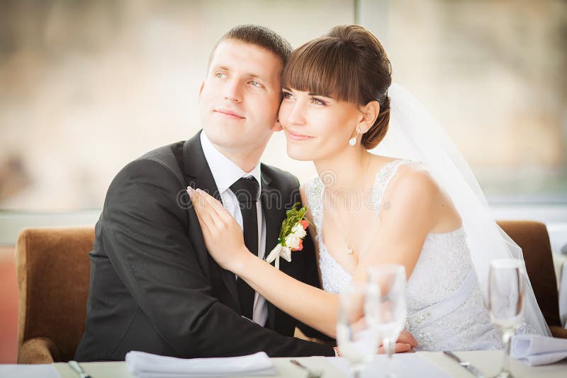 Charming Bride and Groom on Their Wedding Celebration in a Luxurious