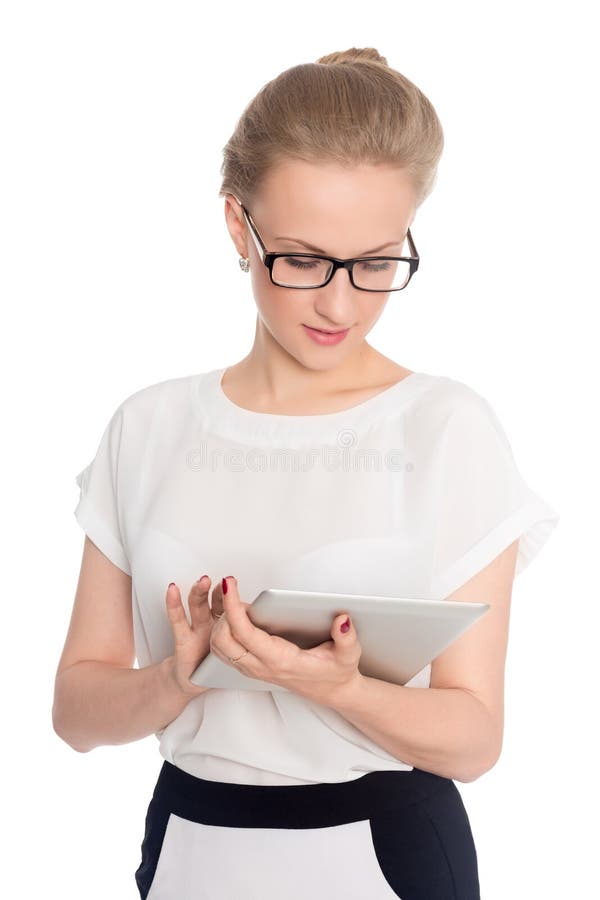 Charming business woman using tablet computer