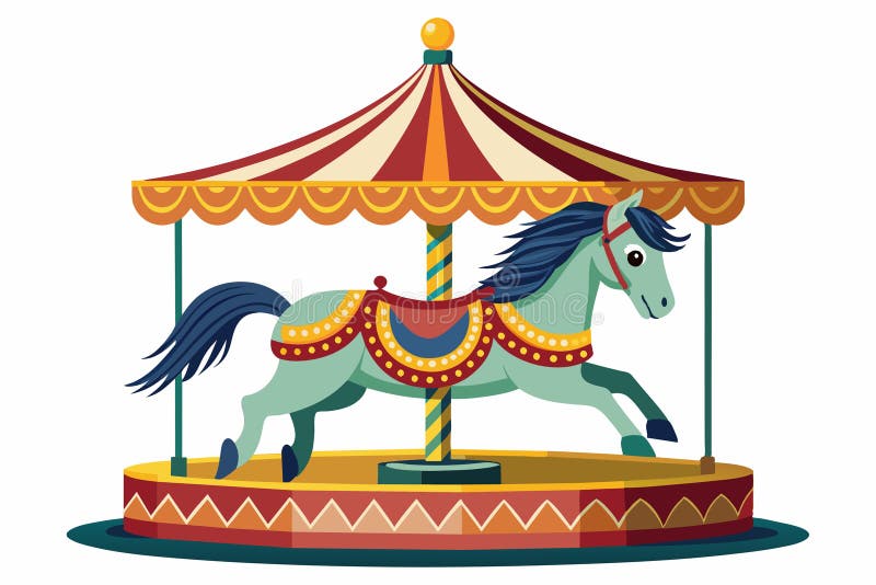 A charming carousel horse prances gracefully on a round platform under a striped canopy at a lively fairground vector illustration