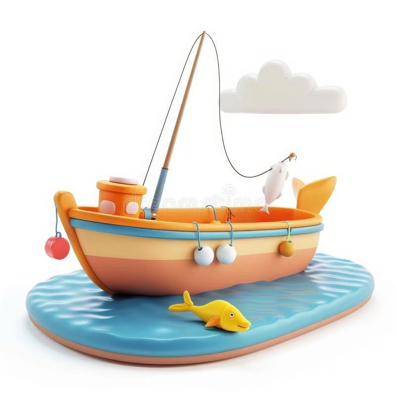 Charming Cartoon FishBoat on Calm Sea Catching Fish stock illustrationer