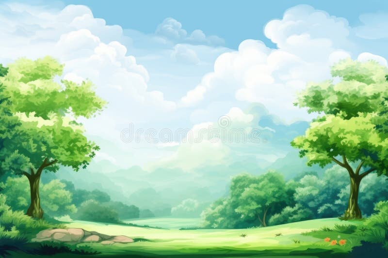 Charming cartoon illustration of a picturesque landscape featuring trees on a green meadow under a sky adorned with fluf