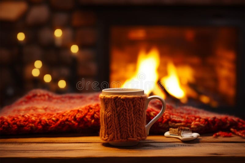 Charming chalet atmosphere hot drink, fireside, and knitted mitten stock illustration