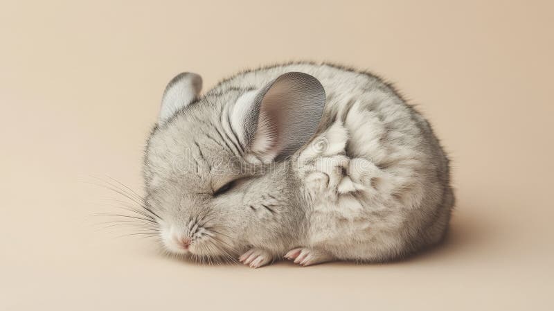 A charming chinchilla lying on its back on a soft beige background. The neutral tones and the royalty free stock image
