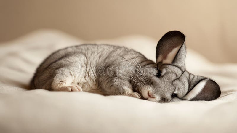 A charming chinchilla lying on its back on a soft beige background. The neutral tones and the royalty free stock photos