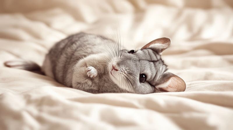 A charming chinchilla lying on its back on a soft beige background. The neutral tones and the royalty free stock images