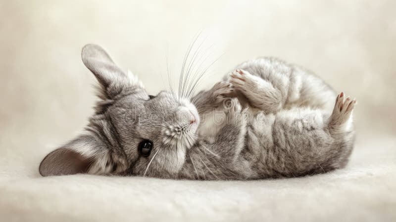 A charming chinchilla lying on its back on a soft beige background. The neutral tones and the royalty free stock photos