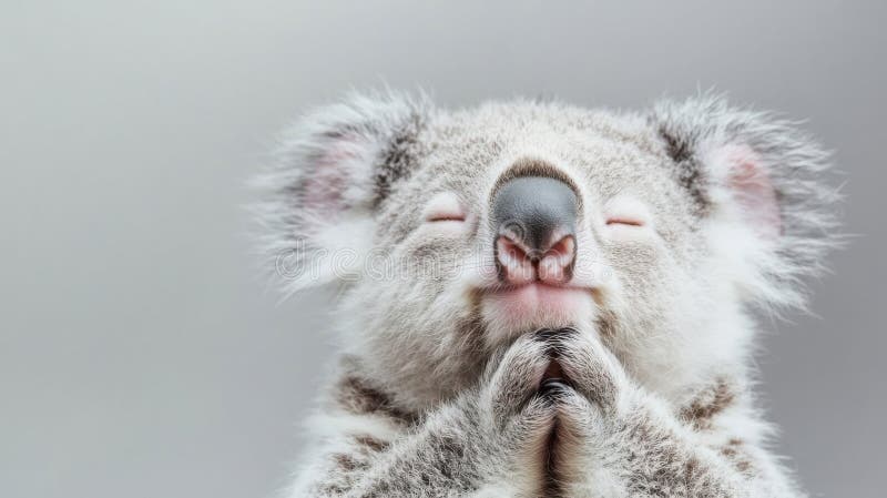 A charming close up of a koala with its eyes closed and paws clasped evoking a sense of calm and tranquility the soft lighting and stock afbeelding