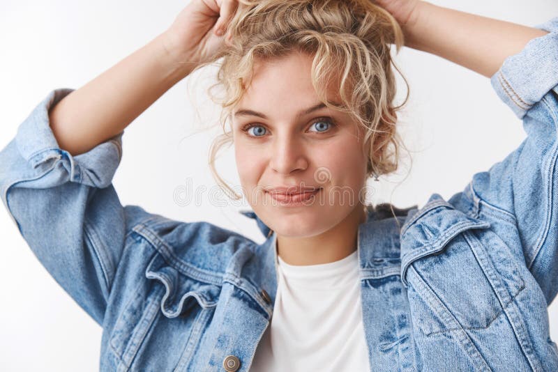 Charming Cute European Girlfriend Curly-haired Blonde Fix Bun Hold Hands Head Smiling Friendly Camera Make Casual daily Stock Photo - Image of emotional, cute: 150780562 Charming Cute European Girlfriend Curly-haired Blonde Fix Bun Hold Hands Head Smiling Friendly Camera Make Casual daily Stock Photo - Image of emotional, cute: 150780562