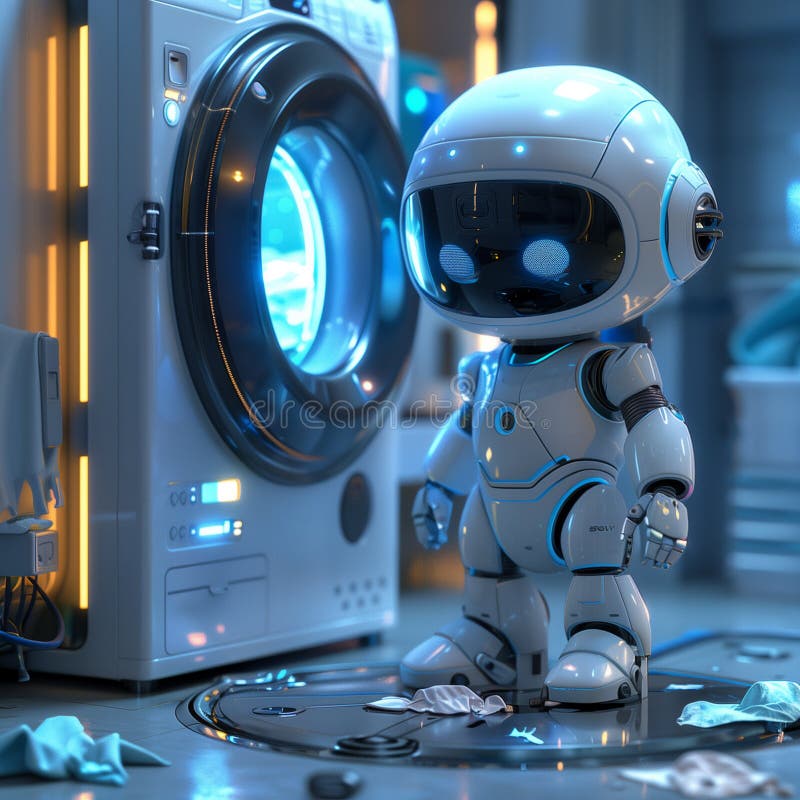Futuristic Household Helper: Robot Doing Laundry vector illustration
