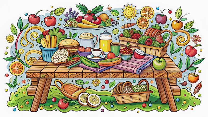 Charming DoodleStyle Picnic Bench Illustration med mjuk mat och utomhusrelaxering - en snygg bild royaltyfri illustrationer