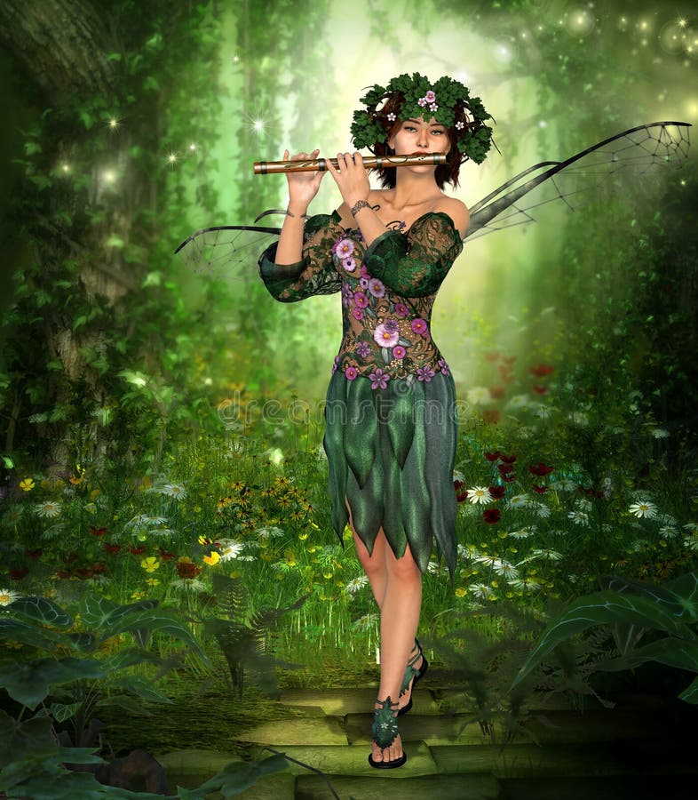 Charming Fairy Playing the Flute Stock Illustration Illustration of