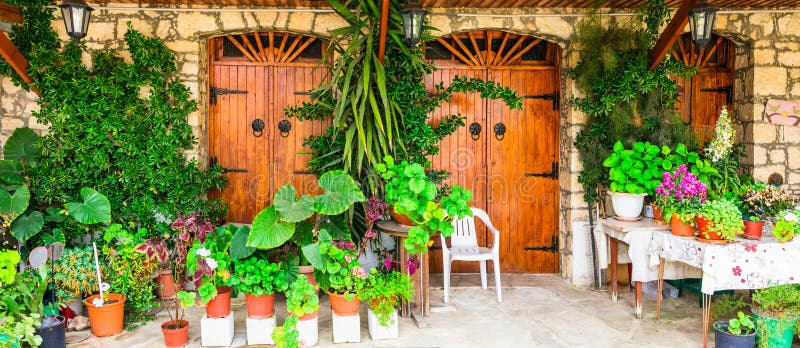 Charming floral decorated streets of traditional villages of Cyprus. Olimbos stock photos Charming floral decorated streets of traditional villages of Cyprus. Olimbos stock photos